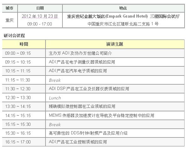 《國(guó)際電子商情》世健公司  10月 重慶“ADI產(chǎn)品在工業(yè)儀器儀表類(lèi)及汽車(chē)電子領(lǐng)域的應(yīng)用”研討會(huì)